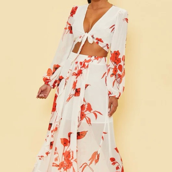 Women's Floral Tie-Shoulder Crop Top and Tiered Maxi Skirt Set